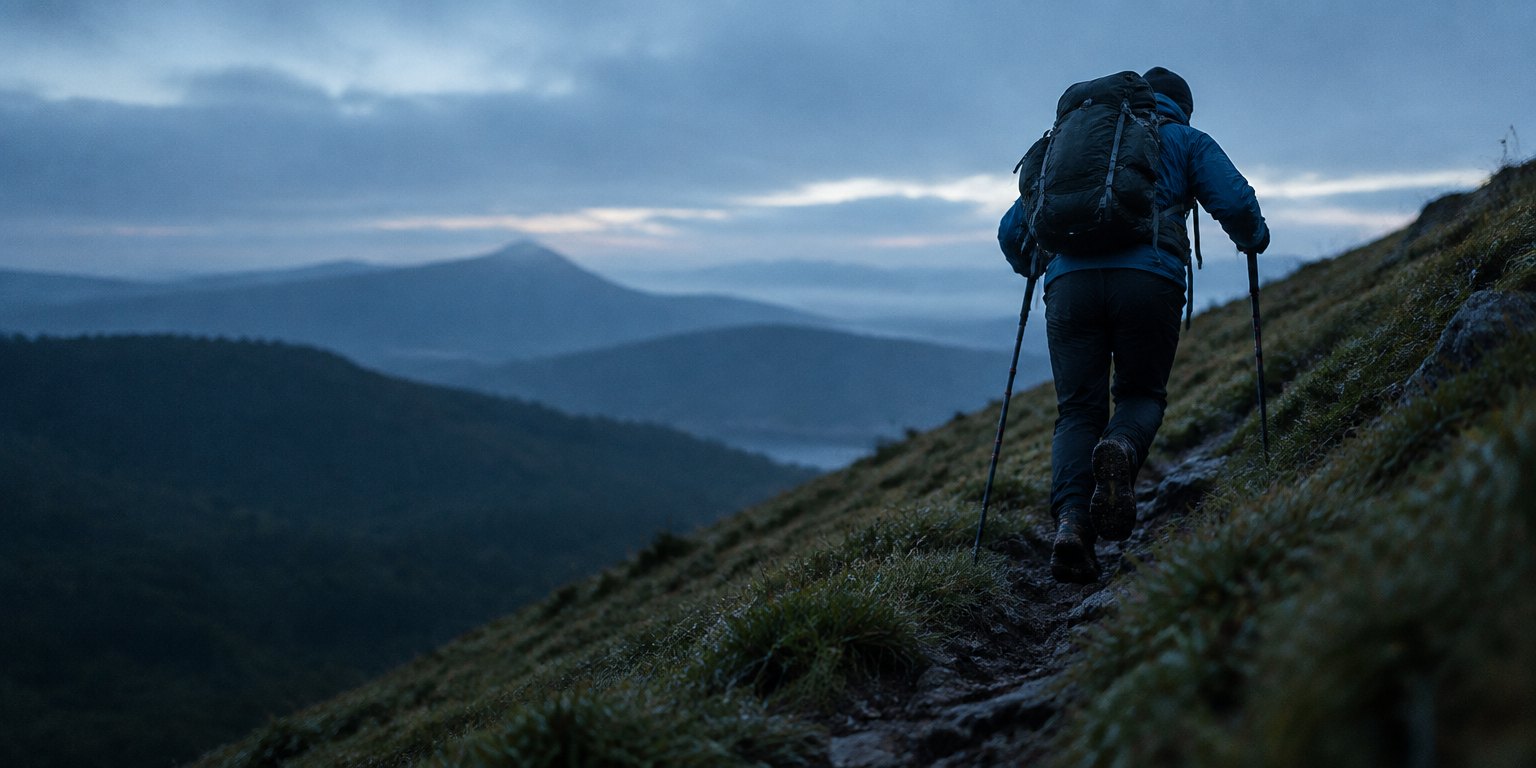 A trekker with a loaded pack and poles climbing a steep grassy trail at dusk