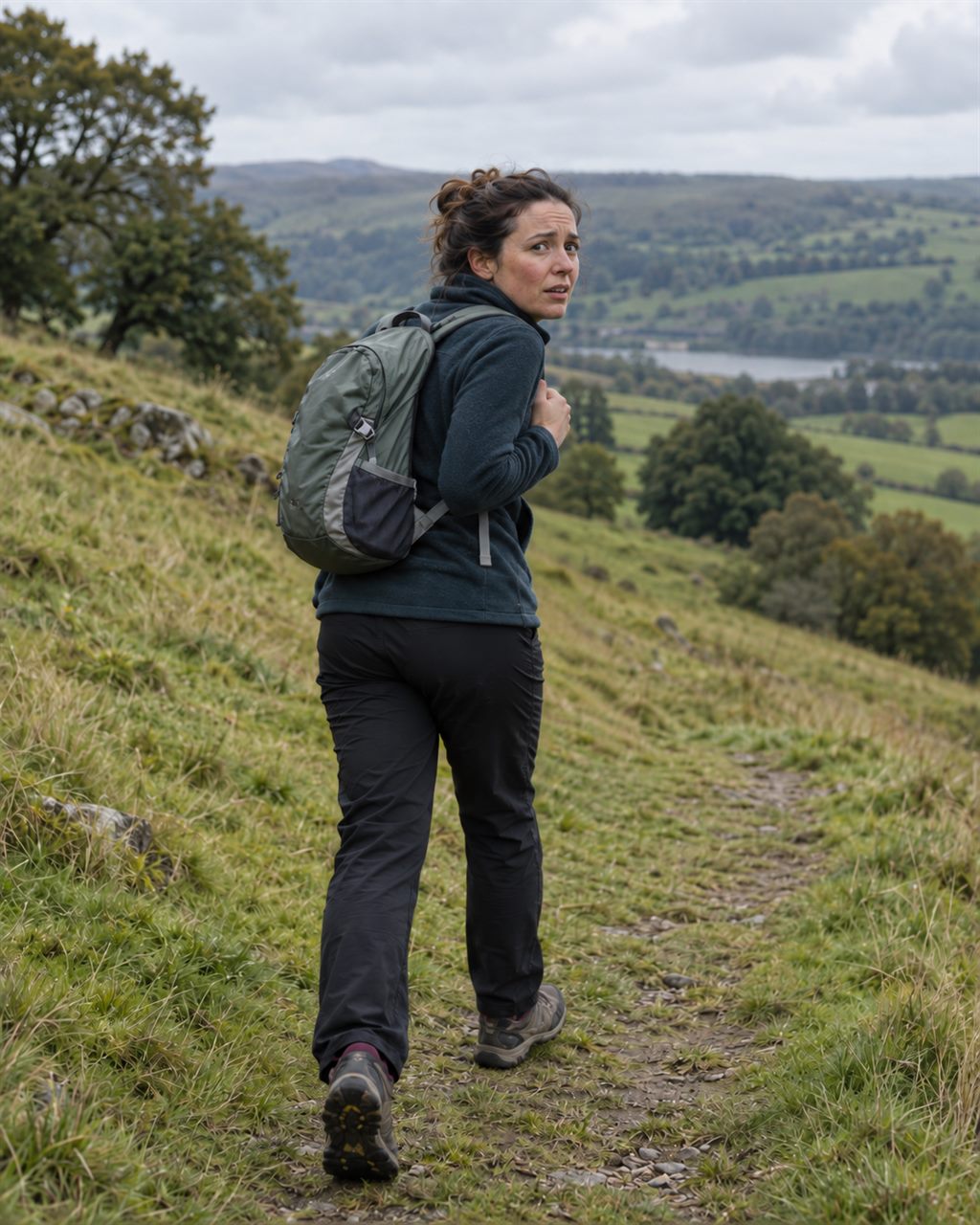 A woman with a small daypack on a grassy hill path, glancing back, flushed and out of breath